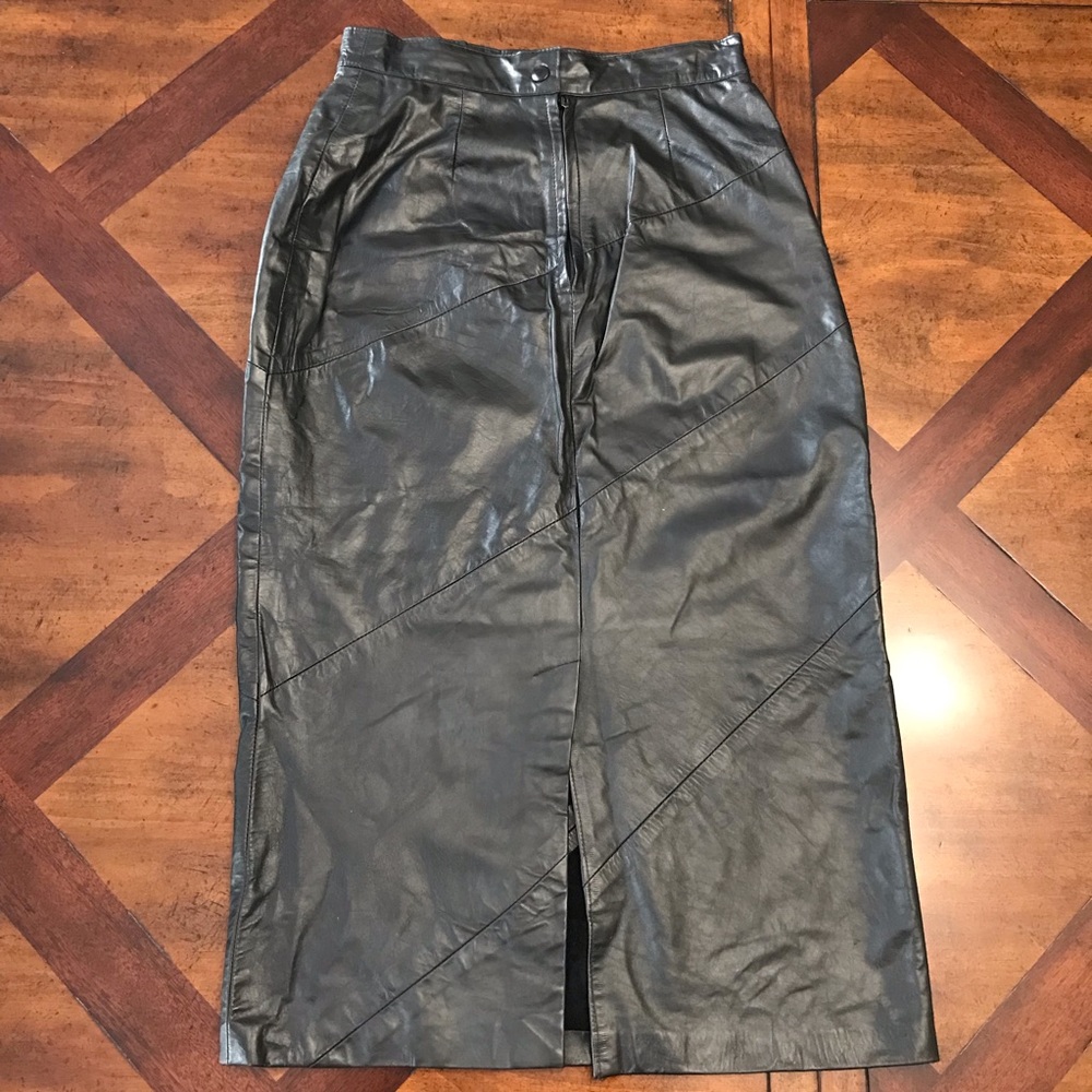 Leather split front pencil skirt